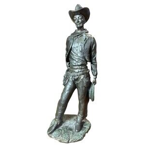 Vintage 15" Bronze Statue Cowboy with Lasso Holster Chaps Pistol Hat Standing
